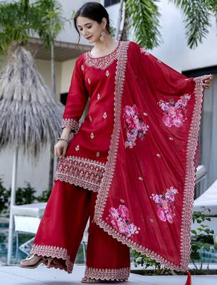 Women's Gorgeous Embroidery Vichitra Silk Fabric Straight Kurta, Sharara and Dupatta Set 3