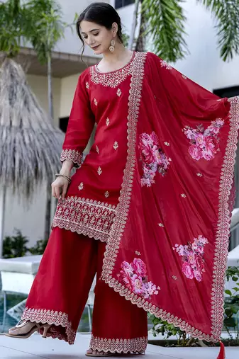 Women's Gorgeous Embroidery Vichitra Silk Fabric Straight Kurta, Sharara and Dupatta Set