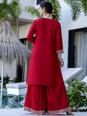 Women's Gorgeous Embroidery Vichitra Silk Fabric Straight Kurta, Sharara and Dupatta Set 4