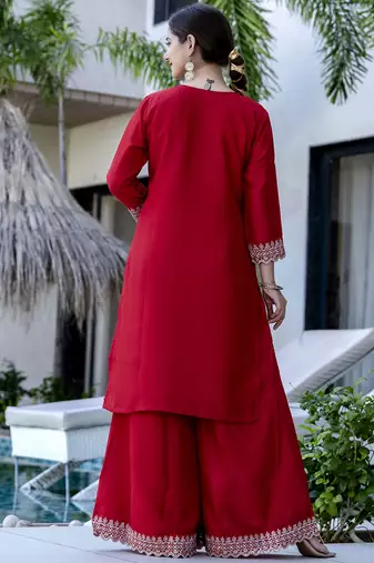 Women's Gorgeous Embroidery Vichitra Silk Fabric Straight Kurta, Sharara and Dupatta Set