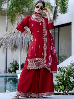 Women's Gorgeous Embroidery Vichitra Silk Fabric Straight Kurta, Sharara and Dupatta Set 5