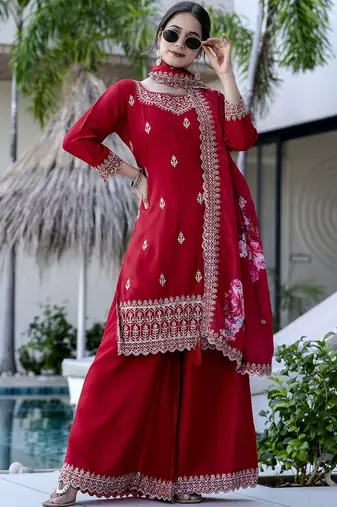 Women's Gorgeous Embroidery Vichitra Silk Fabric Straight Kurta, Sharara and Dupatta Set