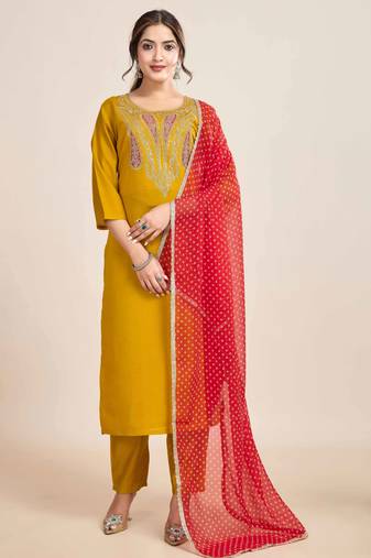 Mustard Embroidered Chanderi Fabric Straight Kurta, Pant and Dupatta Set