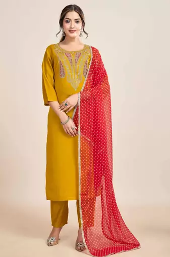 Mustard Embroidered Chanderi Fabric Straight Kurta, Pant and Dupatta Set