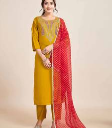 Mustard Embroidered Chanderi Fabric Straight Kurta, Pant and Dupatta Set