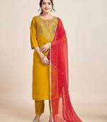 Mustard Embroidered Chanderi Fabric Straight Kurta, Pant and Dupatta Set