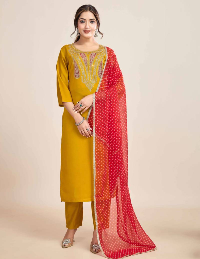 Mustard Embroidered Chanderi Fabric Straight Kurta, Pant and Dupatta Set