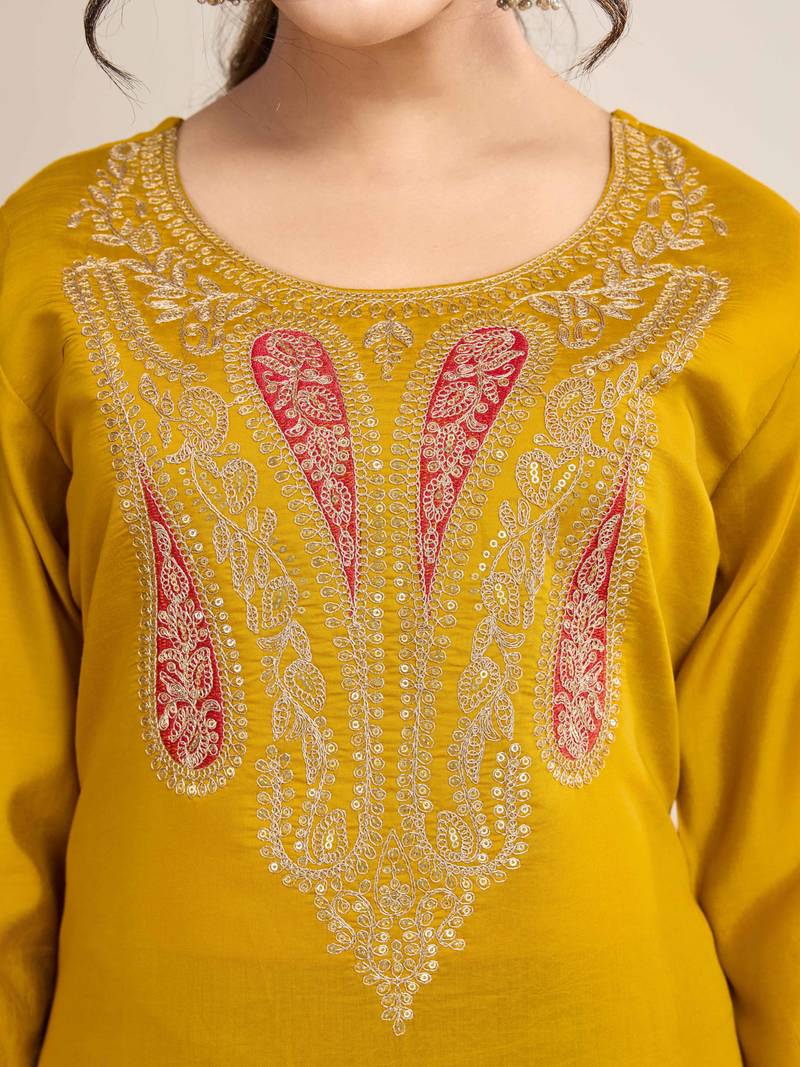 Mustard Embroidered Chanderi Fabric Straight Kurta, Pant and Dupatta Set
