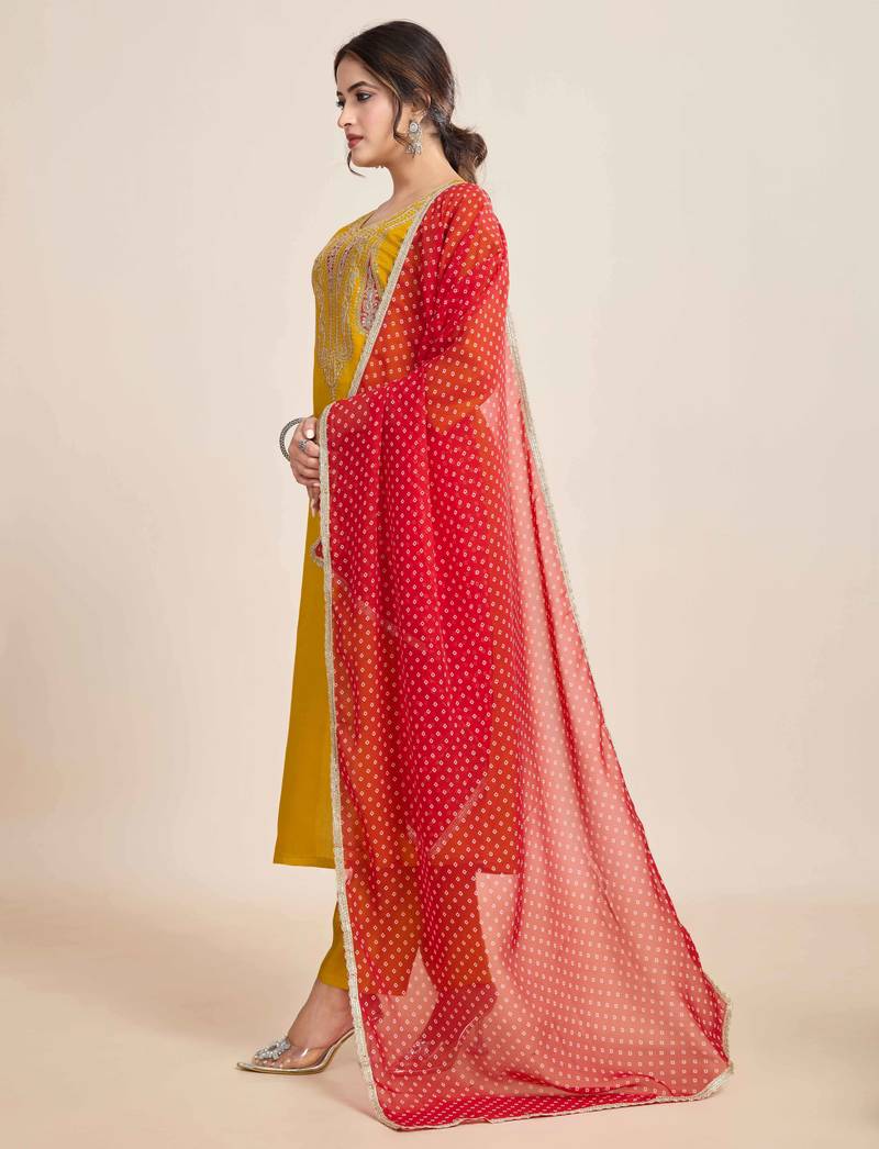 Mustard Embroidered Chanderi Fabric Straight Kurta, Pant and Dupatta Set