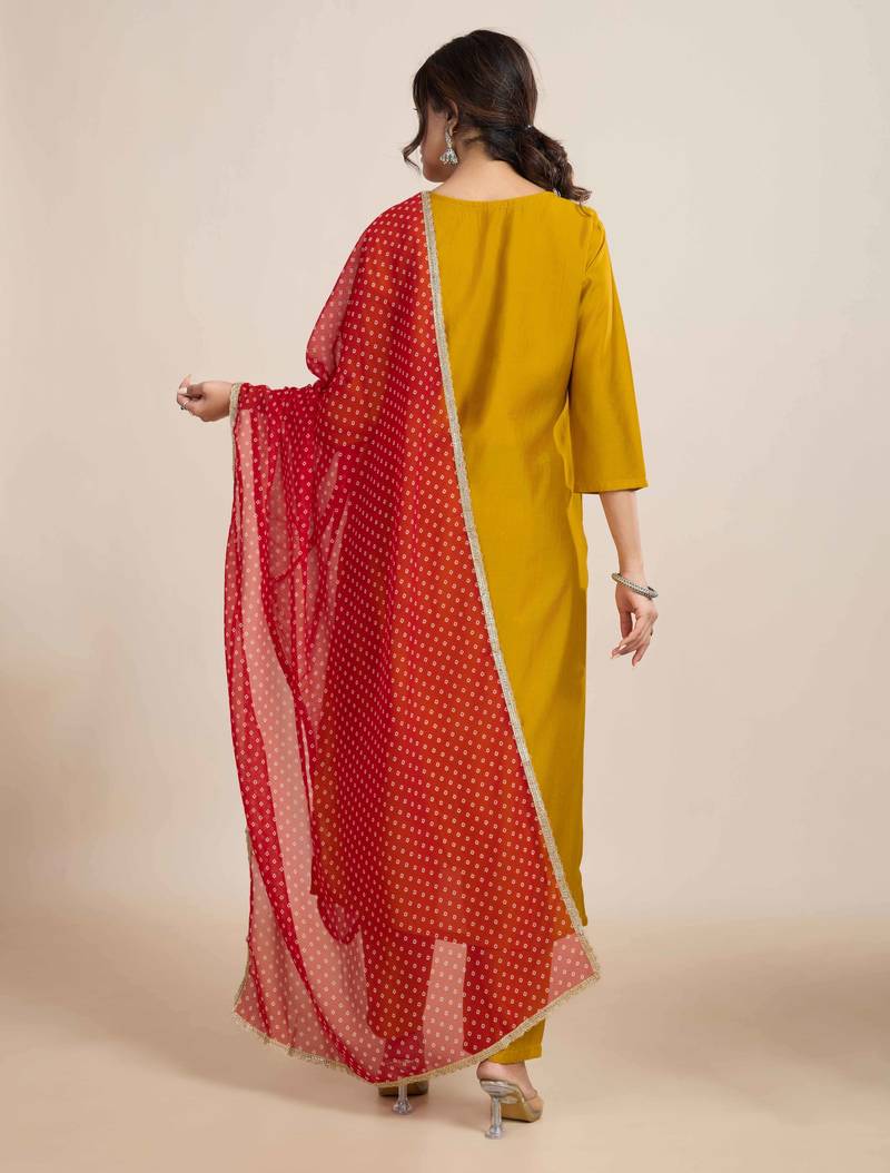 Mustard Embroidered Chanderi Fabric Straight Kurta, Pant and Dupatta Set