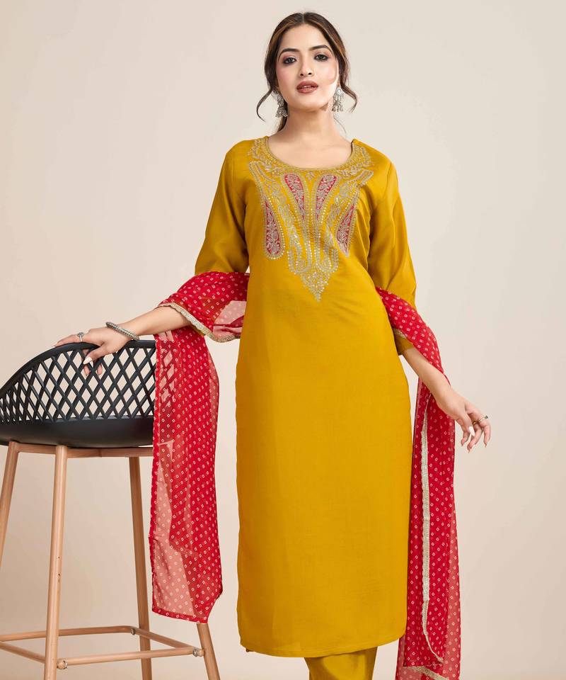 Mustard Embroidered Chanderi Fabric Straight Kurta, Pant and Dupatta Set
