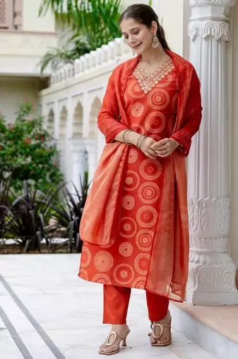 Women's Gorgeous Rayon Embroidery Straight Kurta with Pant And Dupatta Set
