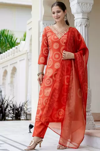 Women's Gorgeous Rayon Embroidery Straight Kurta with Pant And Dupatta Set