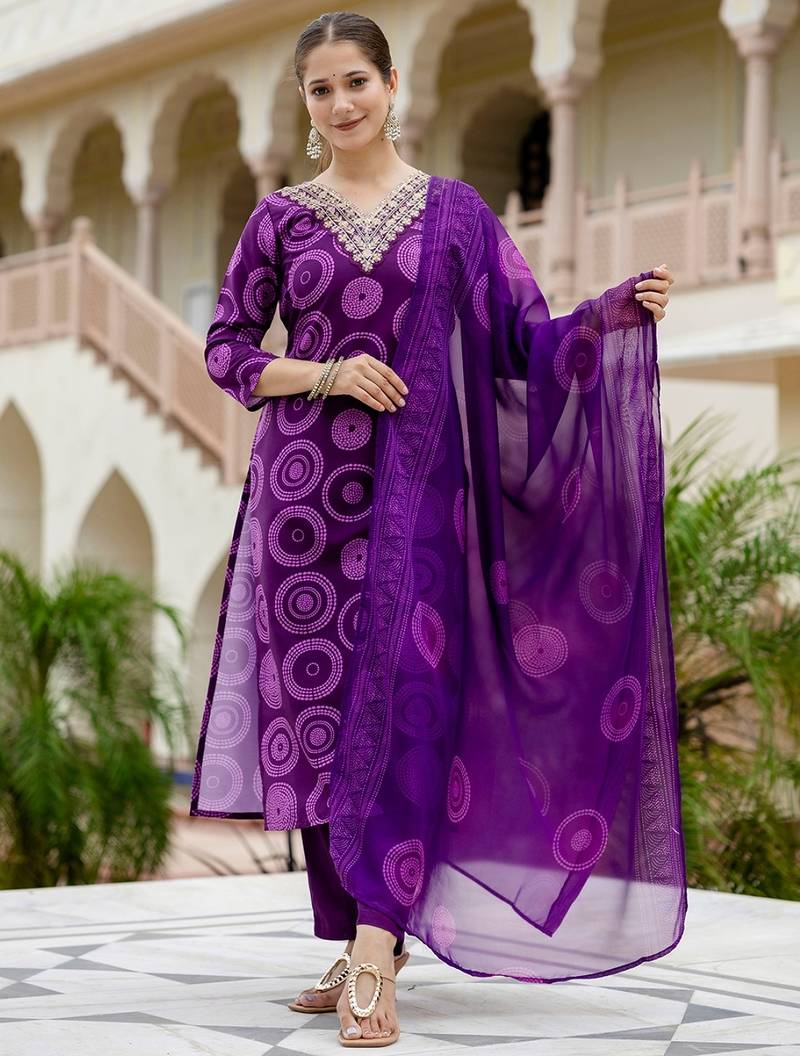 Women's Gorgeous Rayon Embroidery Straight Kurta with Pant And Dupatta Set