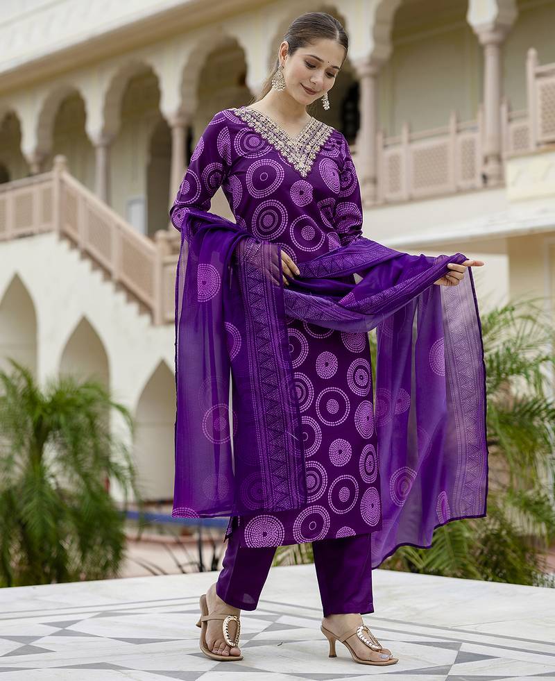 Women's Gorgeous Rayon Embroidery Straight Kurta with Pant And Dupatta Set