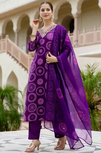Women's Gorgeous Rayon Embroidery Straight Kurta with Pant And Dupatta Set