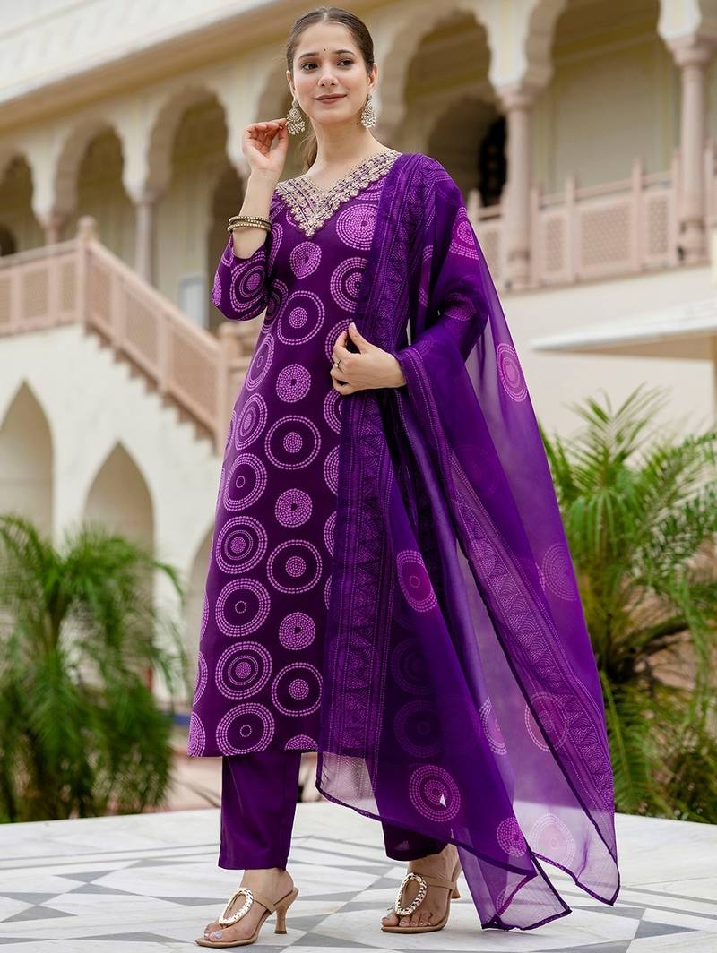 Women's Gorgeous Rayon Embroidery Straight Kurta with Pant And Dupatta Set