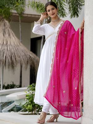 Women's Gorgeous Embroidery Chandrei Fabric Straight Kurta, Pant and Dupatta Set 1