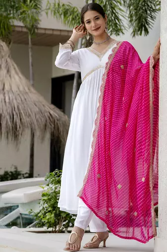 Women's Gorgeous Embroidery Chandrei Fabric Straight Kurta, Pant and Dupatta Set