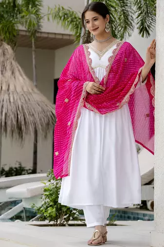 Women's Gorgeous Embroidery Chandrei Fabric Straight Kurta, Pant and Dupatta Set