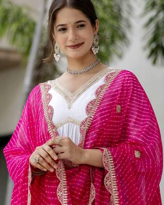 Women's Gorgeous Embroidery Chandrei Fabric Straight Kurta, Pant and Dupatta Set 5