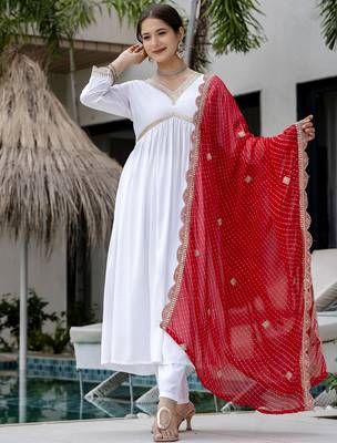 Women's Gorgeous Embroidery Chandrei Fabric Straight Kurta, Pant and Dupatta Set 1