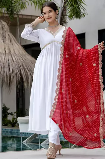 Women's Gorgeous Embroidery Chandrei Fabric Straight Kurta, Pant and Dupatta Set