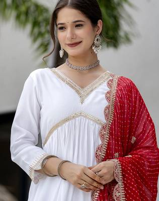 Women's Gorgeous Embroidery Chandrei Fabric Straight Kurta, Pant and Dupatta Set 2