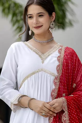 Women's Gorgeous Embroidery Chandrei Fabric Straight Kurta, Pant and Dupatta Set