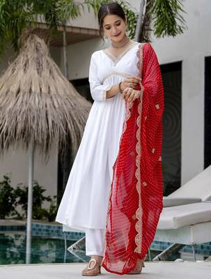Women's Gorgeous Embroidery Chandrei Fabric Straight Kurta, Pant and Dupatta Set 3
