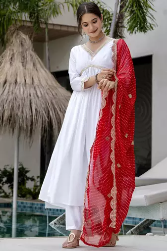 Women's Gorgeous Embroidery Chandrei Fabric Straight Kurta, Pant and Dupatta Set
