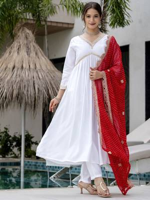 Women's Gorgeous Embroidery Chandrei Fabric Straight Kurta, Pant and Dupatta Set 5