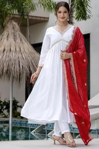 Women's Gorgeous Embroidery Chandrei Fabric Straight Kurta, Pant and Dupatta Set