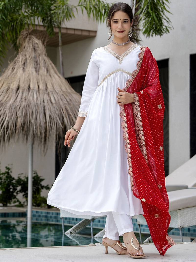 Women's Gorgeous Embroidery Chandrei Fabric Straight Kurta, Pant and Dupatta Set