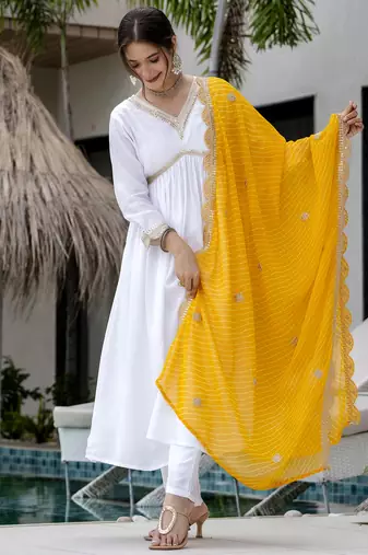 Women's Gorgeous Embroidery Chandrei Fabric Straight Kurta, Pant and Dupatta Set