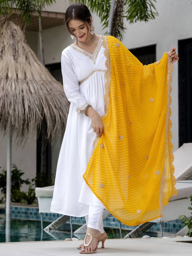 Women's Gorgeous Embroidery Chandrei Fabric Straight Kurta, Pant and Dupatta Set