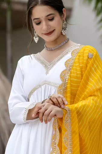 Women's Gorgeous Embroidery Chandrei Fabric Straight Kurta, Pant and Dupatta Set