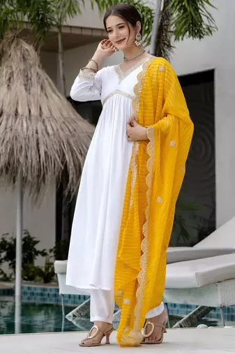 Women's Gorgeous Embroidery Chandrei Fabric Straight Kurta, Pant and Dupatta Set