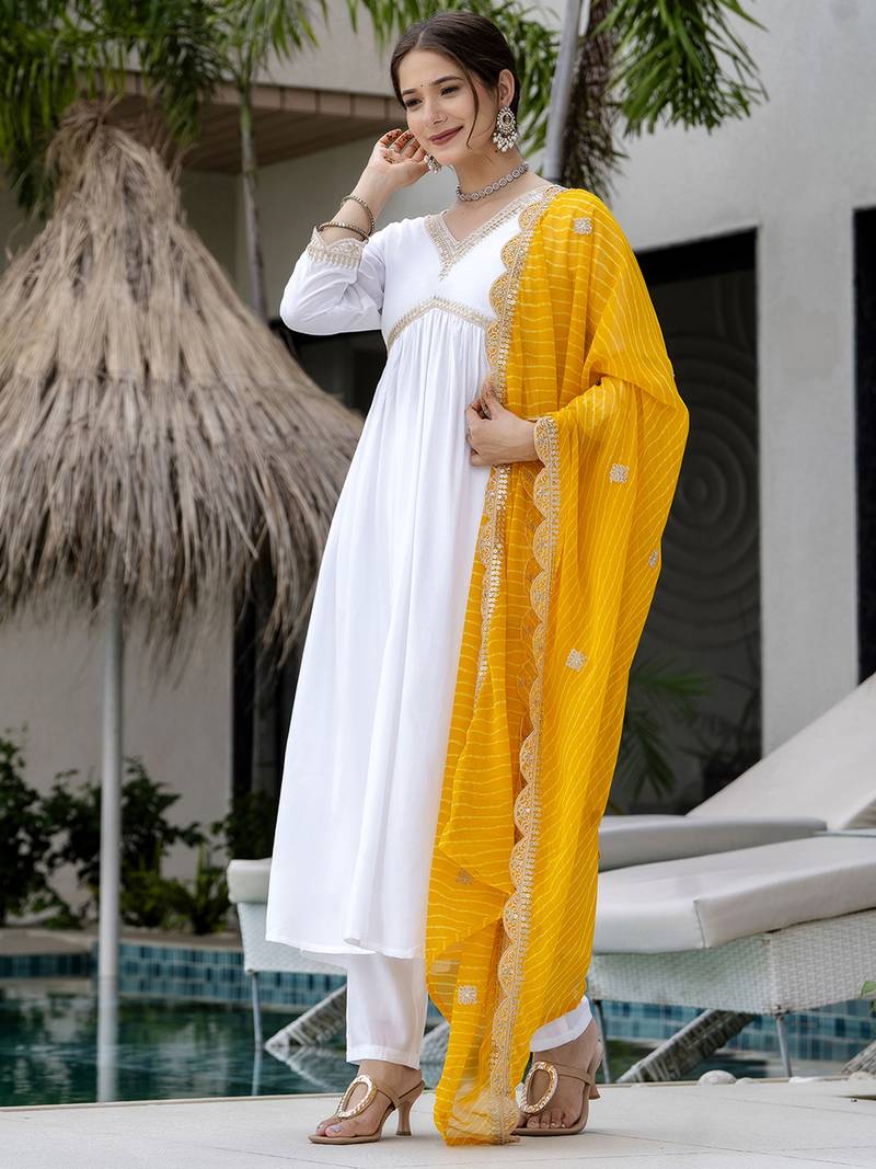 Women's Gorgeous Embroidery Chandrei Fabric Straight Kurta, Pant and Dupatta Set