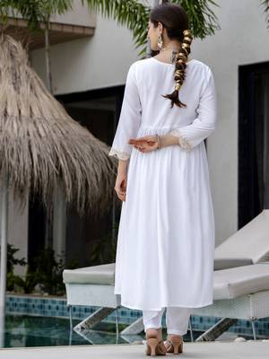 Women's Gorgeous Embroidery Chandrei Fabric Straight Kurta, Pant and Dupatta Set 4