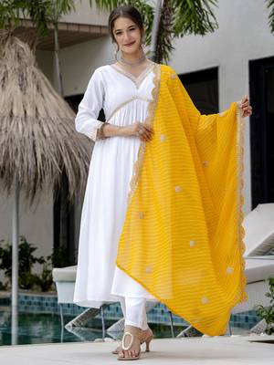 Women's Gorgeous Embroidery Chandrei Fabric Straight Kurta, Pant and Dupatta Set 5