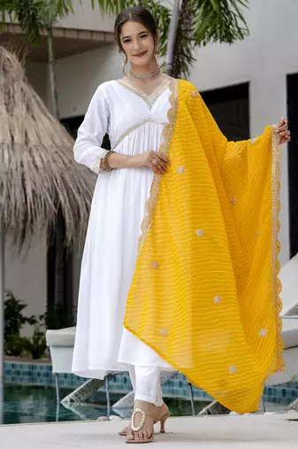 Women's Gorgeous Embroidery Chandrei Fabric Straight Kurta, Pant and Dupatta Set