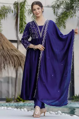 Women Beautiful Embroidery Vichitra Silk Fabric with Flared Kurta, Pant and Dupatta Set