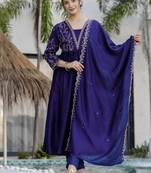 Women Beautiful Embroidery Vichitra Silk Fabric with Flared Kurta, Pant and Dupatta Set