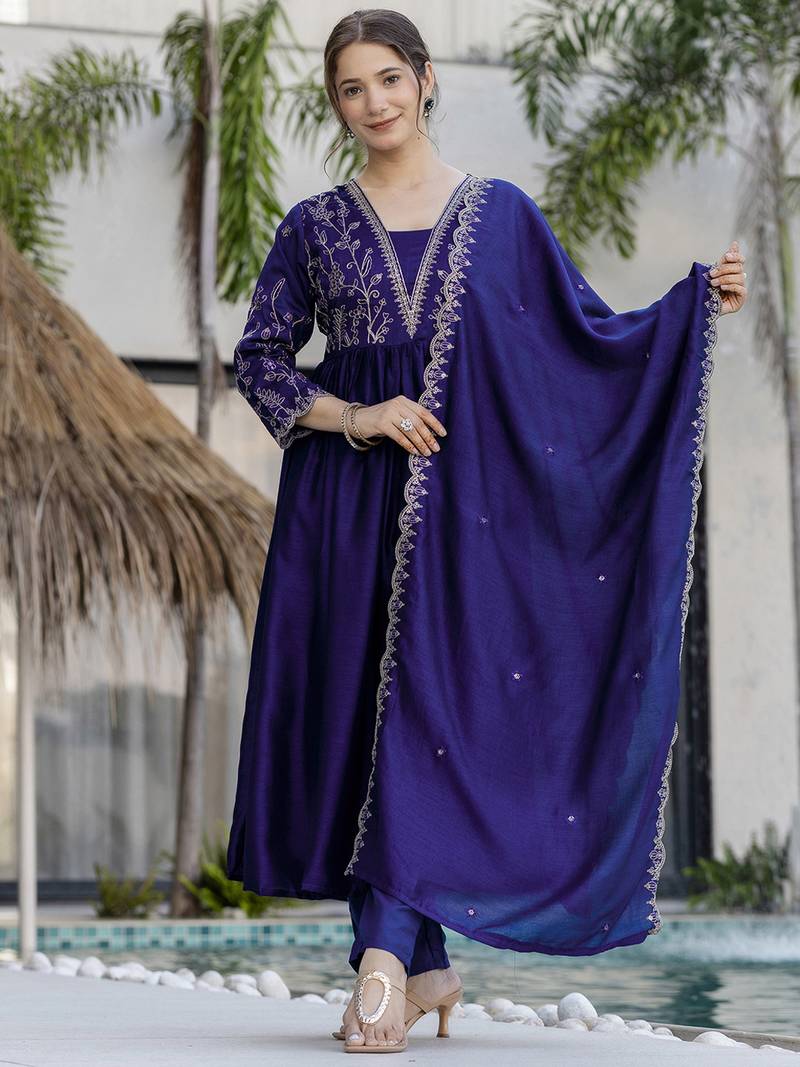 Women Beautiful Embroidery Vichitra Silk Fabric with Flared Kurta, Pant and Dupatta Set