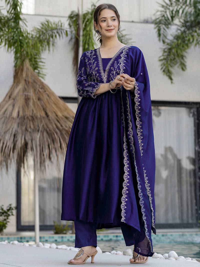 Women Beautiful Embroidery Vichitra Silk Fabric with Flared Kurta, Pant and Dupatta Set
