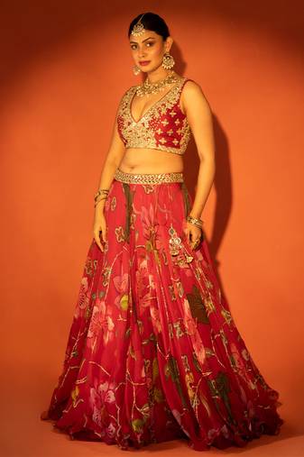 Red embroidered organza Lehenga