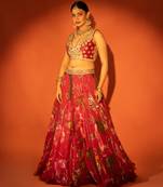 Red embroidered organza Lehenga