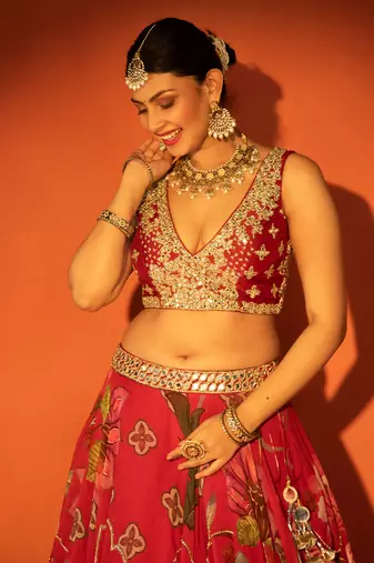 Red embroidered organza Lehenga