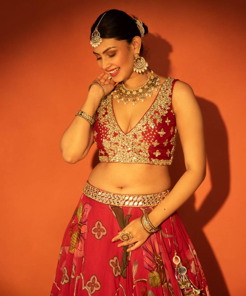 Red embroidered organza Lehenga